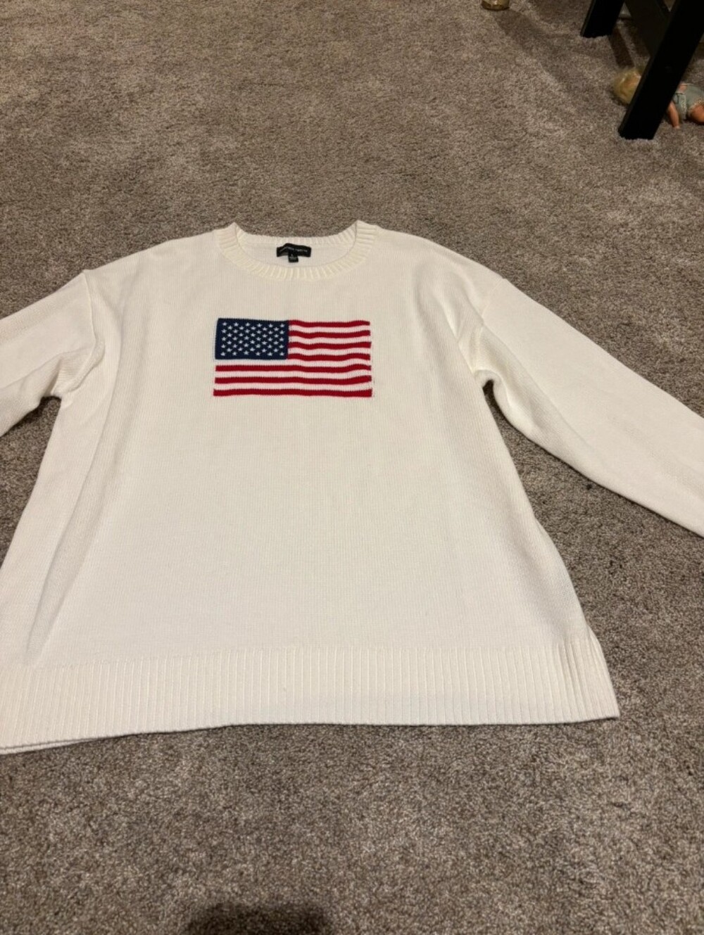 Men's Cream Crewneck Sweater with Embroidered American Flag